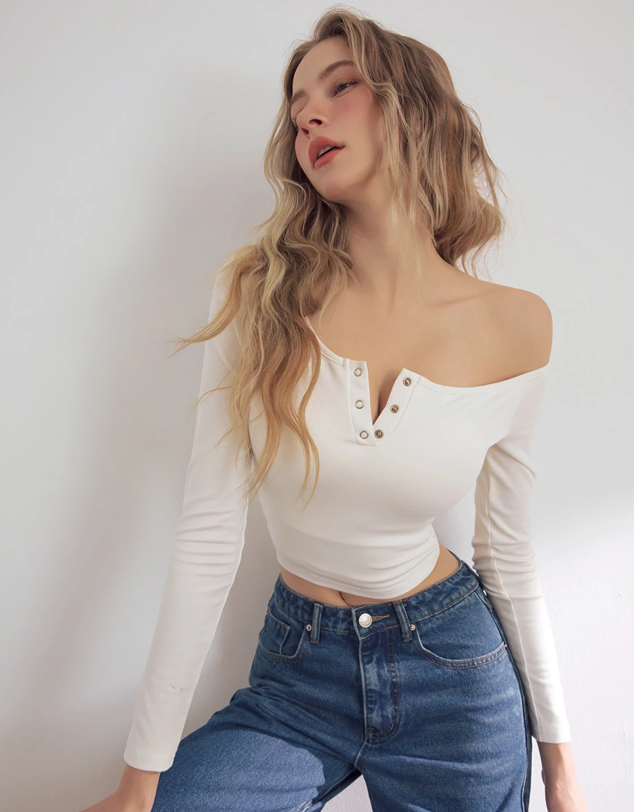 Asymmetric Neckline Snap Button Fitted Long Sleeve Padded Bra Top