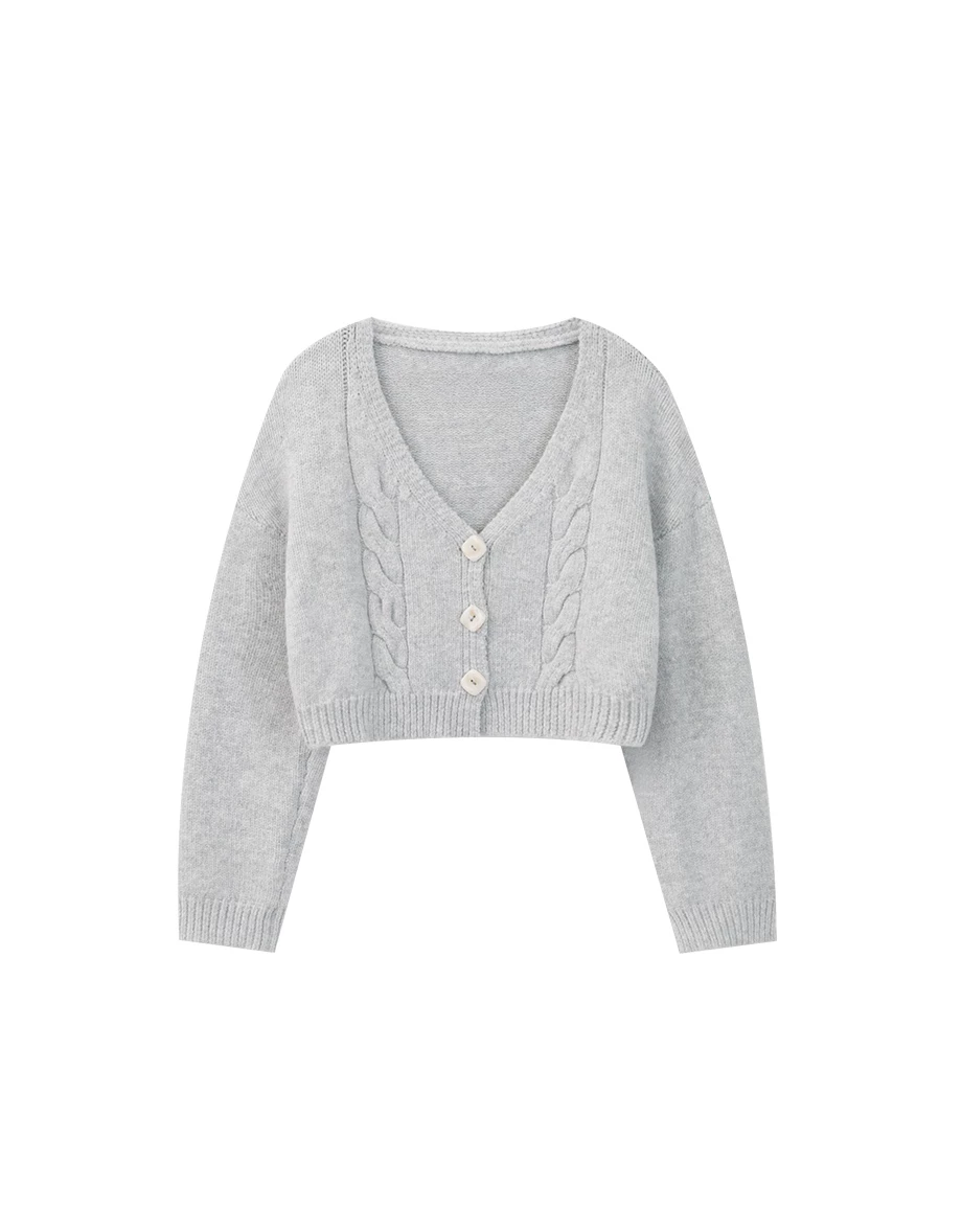 V Neck Button Up Soft Cable Knit Cropped Cardigan