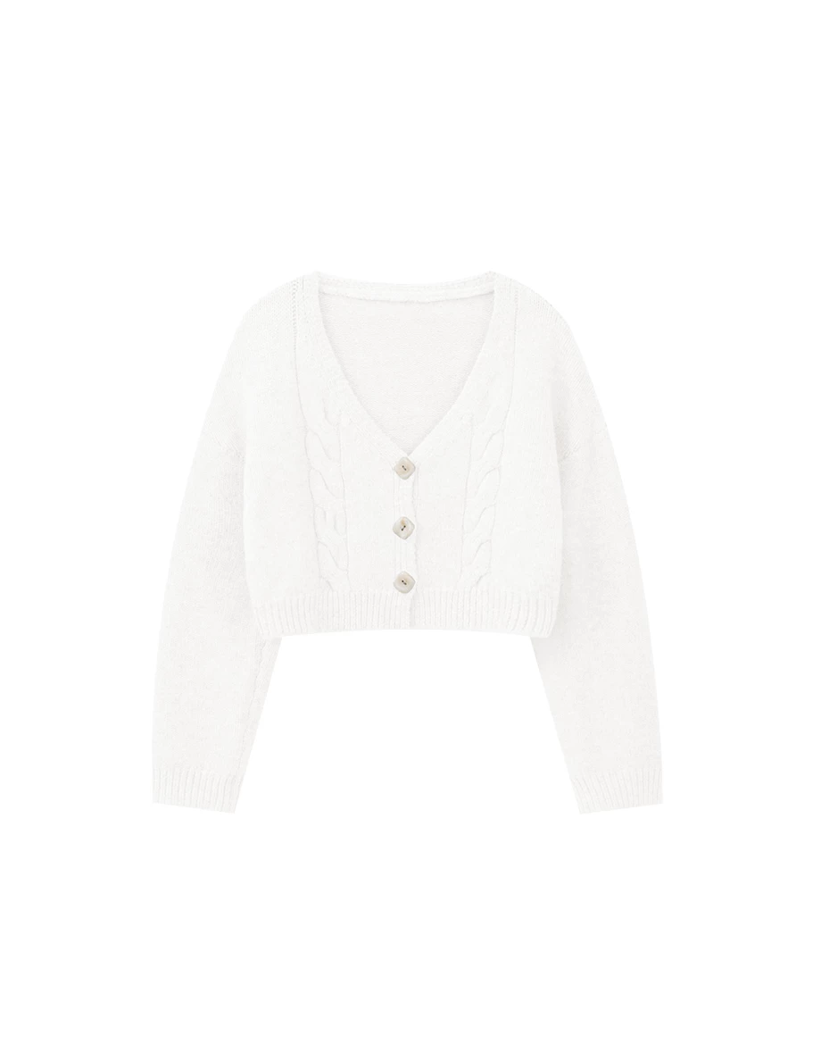 V Neck Button Up Soft Cable Knit Cropped Cardigan