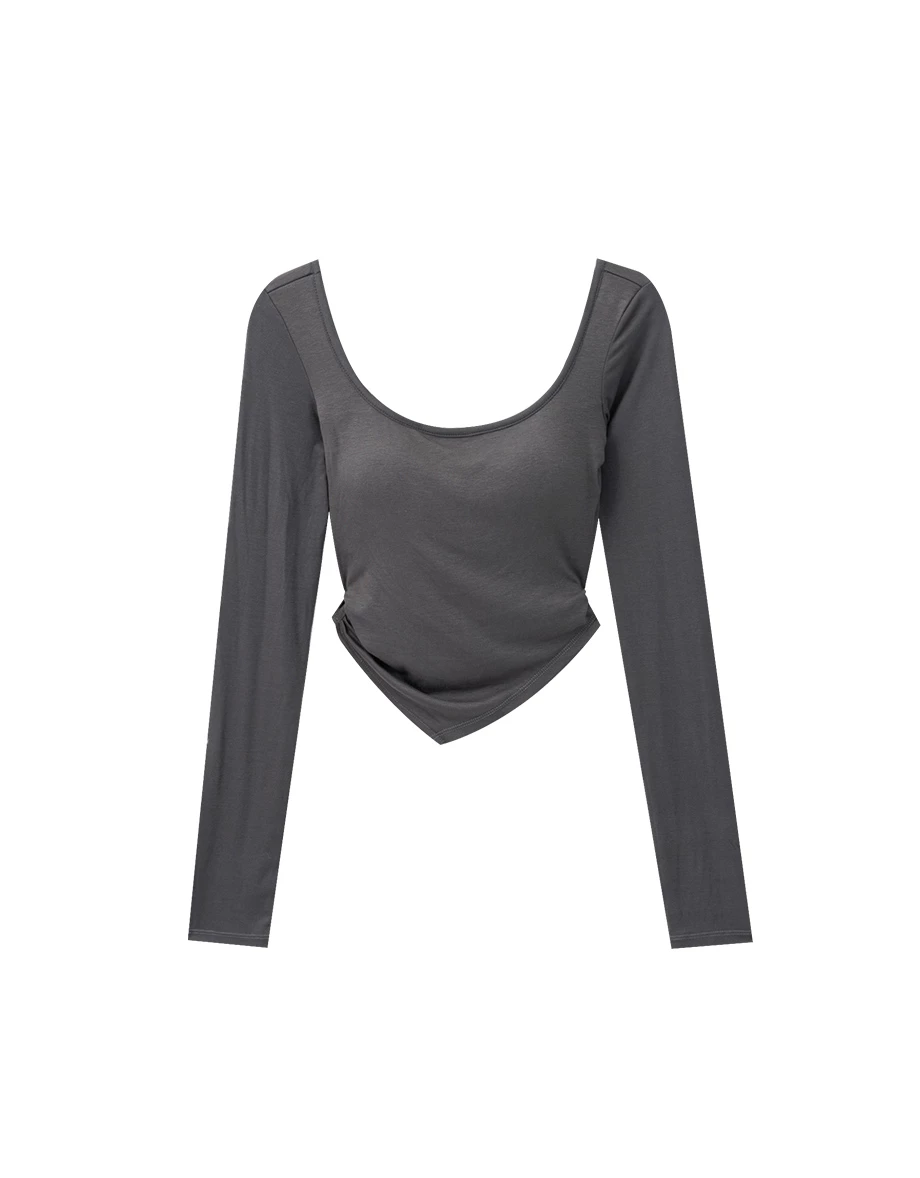 Side Ruched Asymmetric Hem Fitted Long Sleeve Padded BraTop Side Ruched Asymmetric Hem Fitted Long Sleeve Padded BraTop