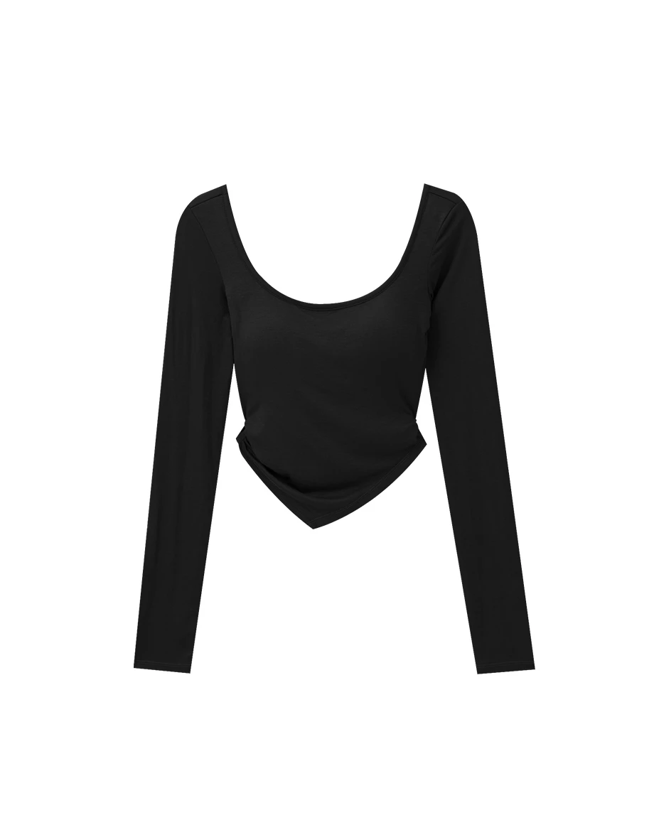 Side Ruched Asymmetric Hem Fitted Long Sleeve Padded BraTop