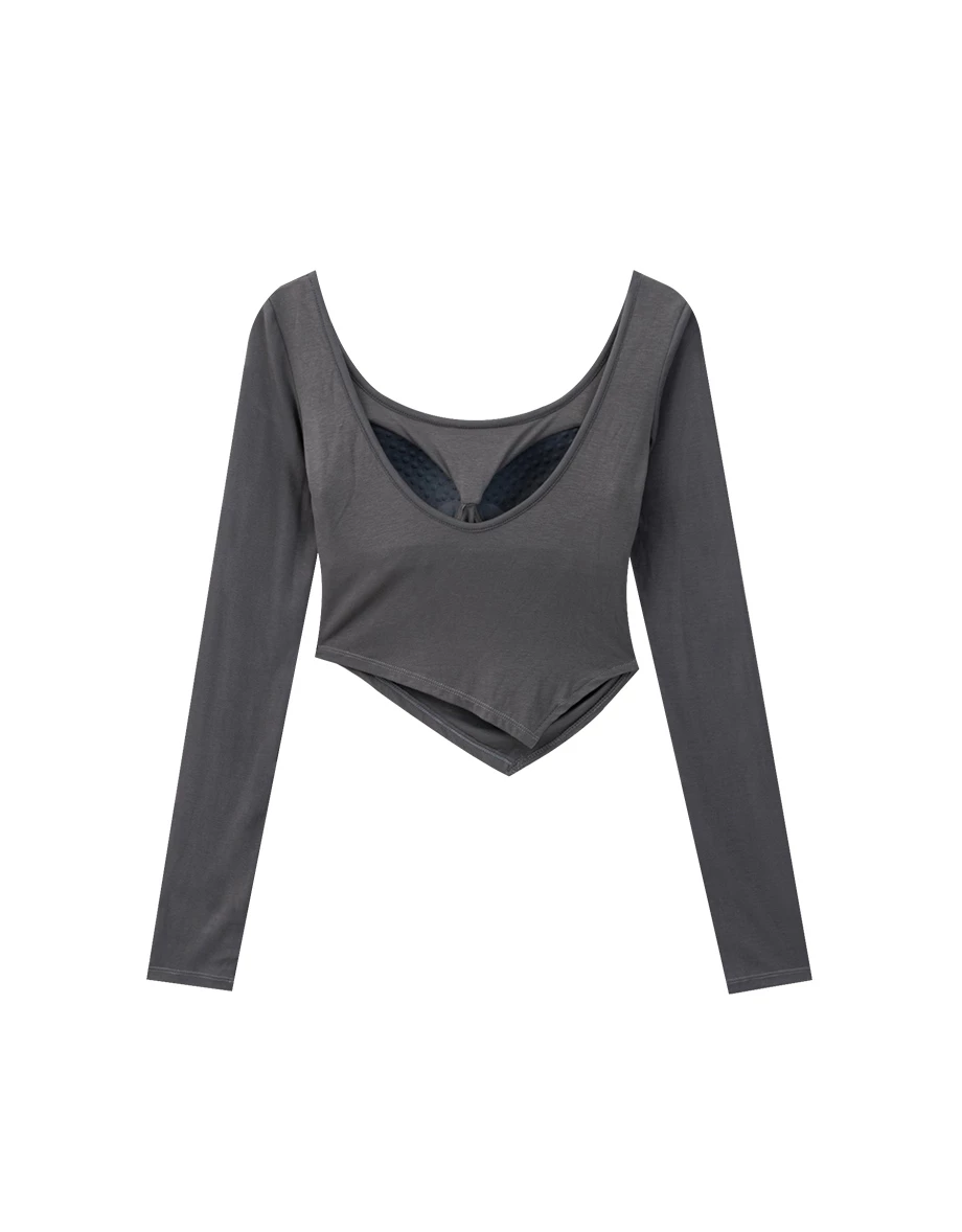 Side Ruched Asymmetric Hem Fitted Long Sleeve Padded BraTop Side Ruched Asymmetric Hem Fitted Long Sleeve Padded BraTop