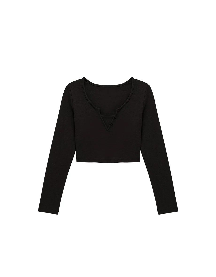 Faux 2 Piece V Neck Button Detail Cropped Long Sleeve Top