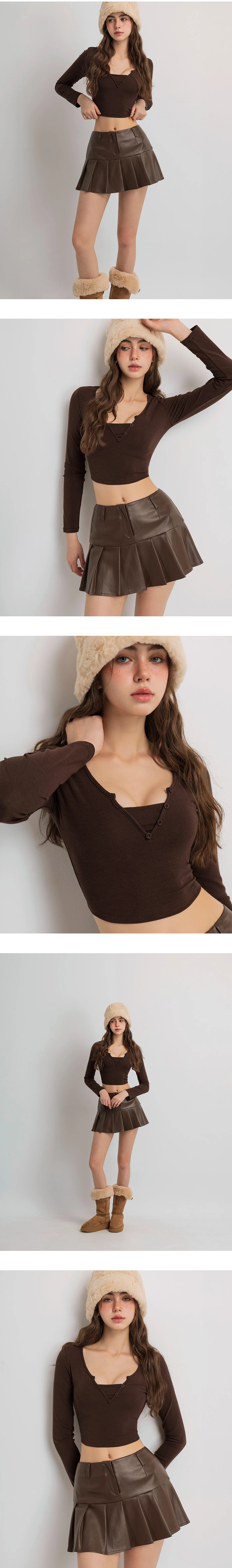 Faux 2 Piece V Neck Button Detail Cropped Long Sleeve Top