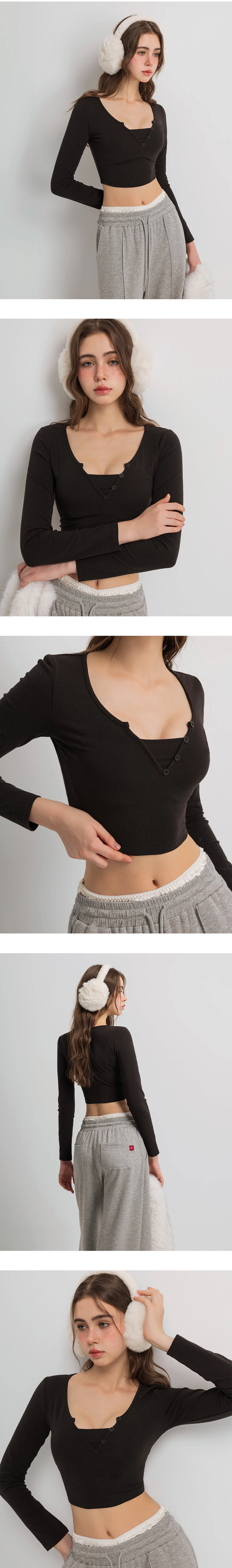 Faux 2 Piece V Neck Button Detail Cropped Long Sleeve Top