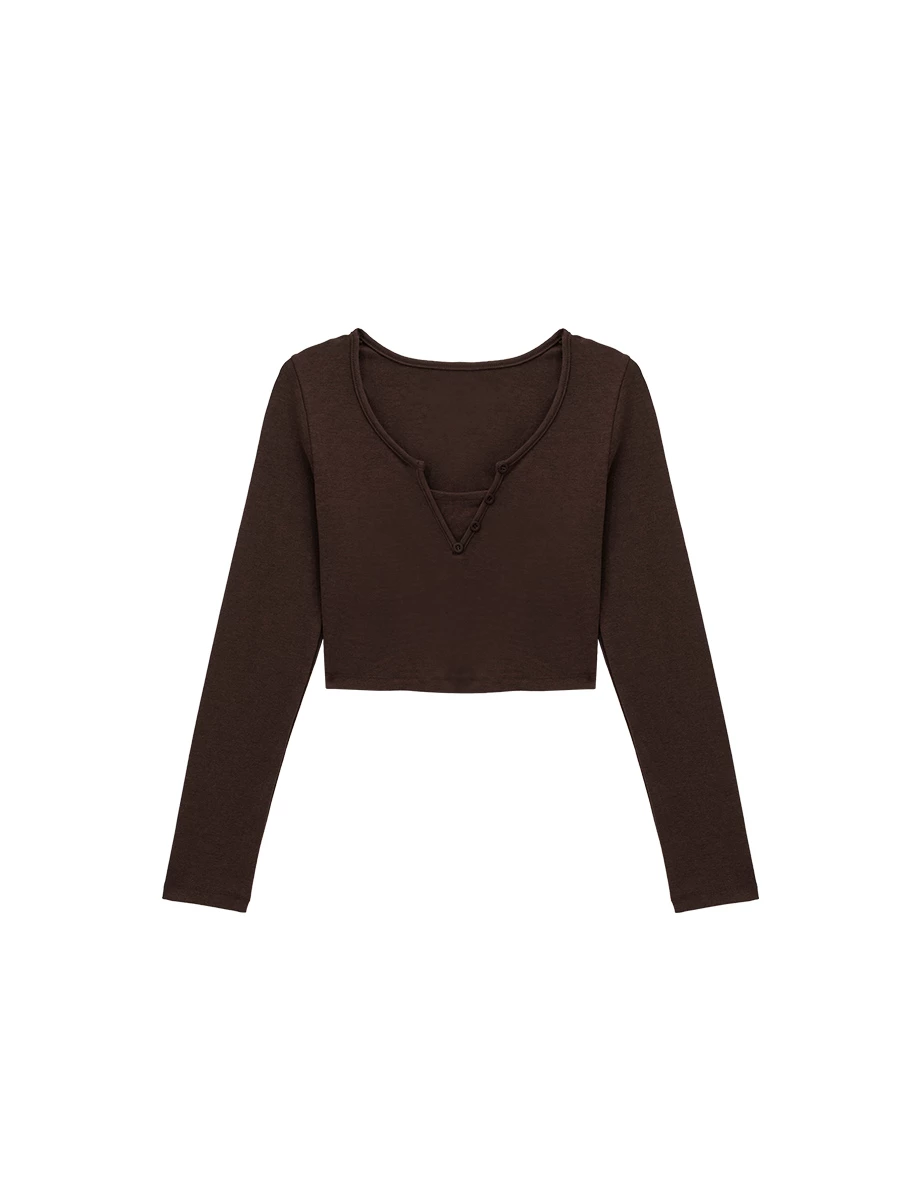 Faux 2 Piece V Neck Button Detail Cropped Long Sleeve Top