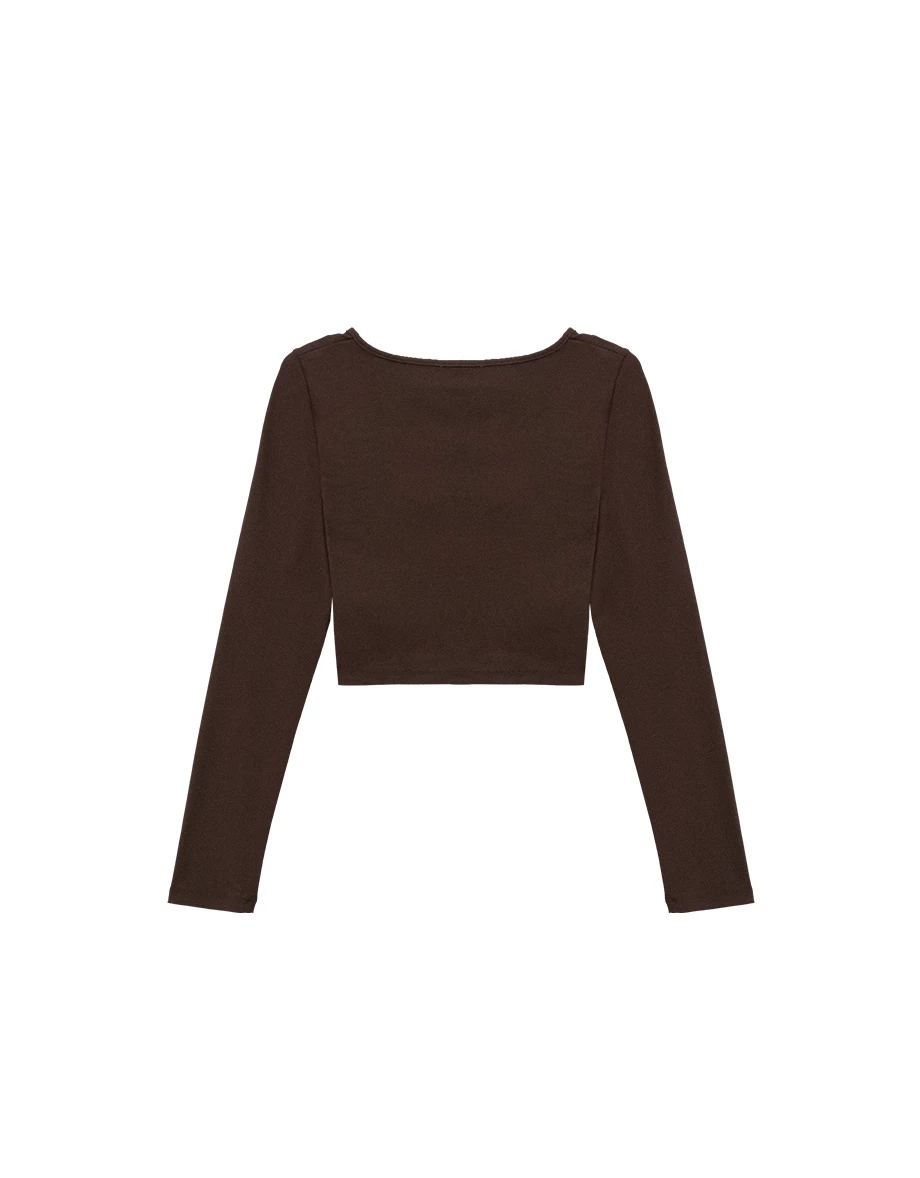 Faux 2 Piece V Neck Button Detail Cropped Long Sleeve Top