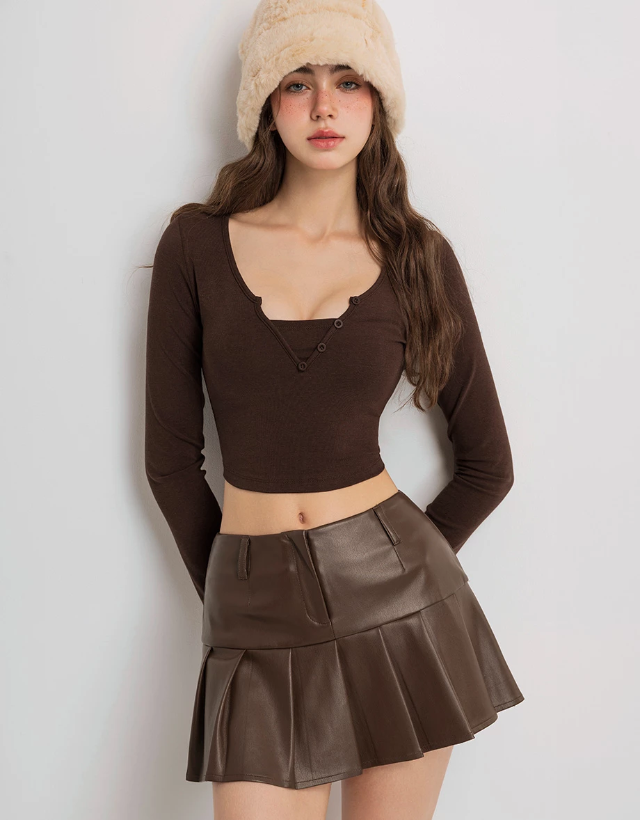 Faux 2 Piece V Neck Button Detail Cropped Long Sleeve Top