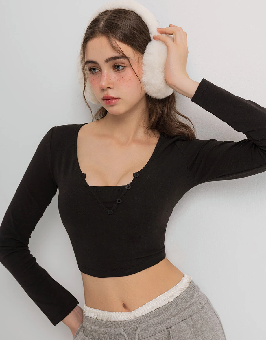 Faux 2 Piece V Neck Button Detail Cropped Long Sleeve Top