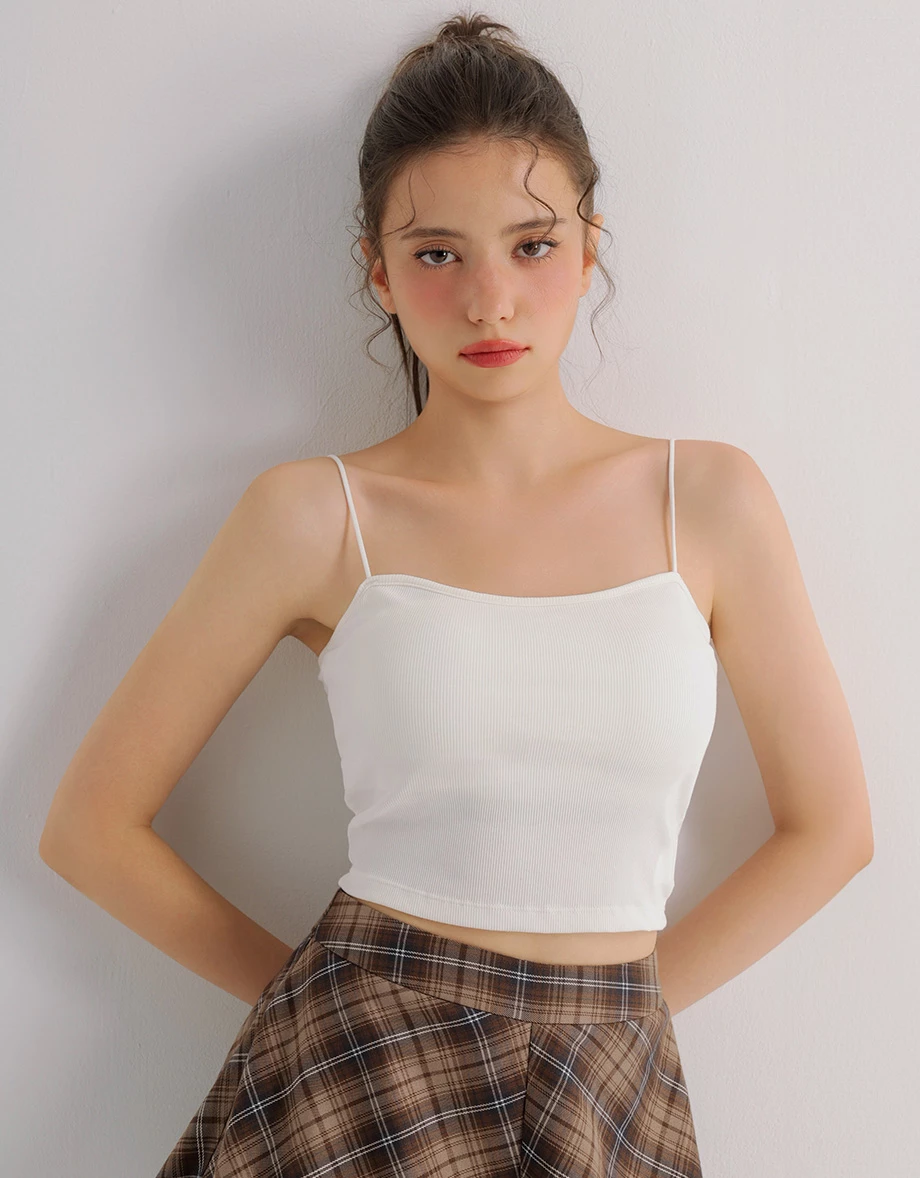 Basic Ribbed Spaghetti Strap Fitted Padded Cropped Cami Bra Top