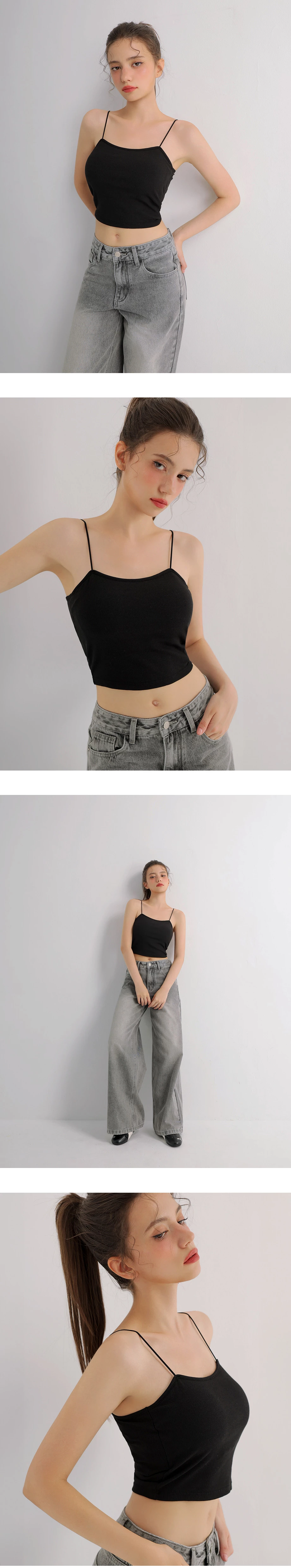 Basic Ribbed Spaghetti Strap Fitted Padded Cropped Cami Bra Top