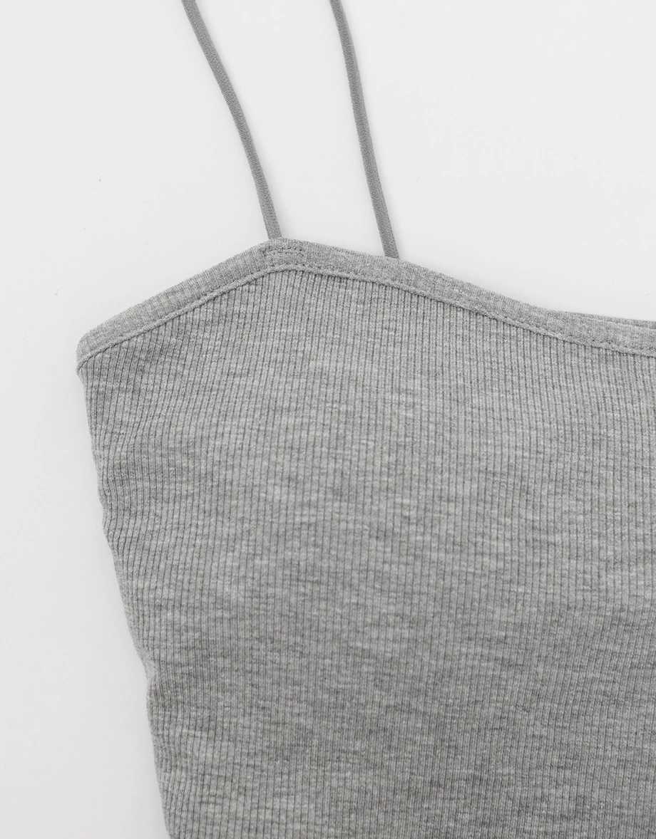 Basic Ribbed Spaghetti Strap Fitted Padded Cropped Cami Bra Top
