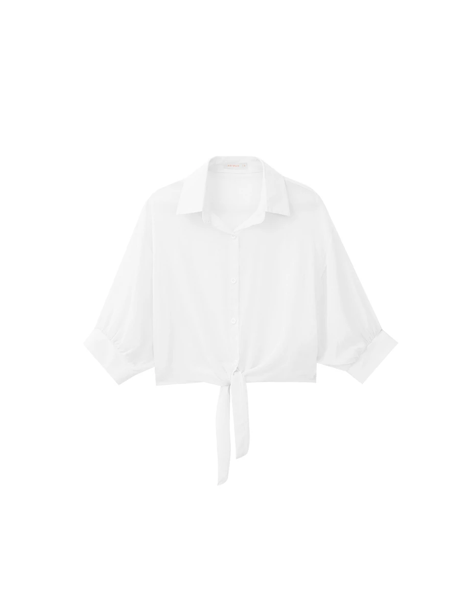 下擺綁結澎袖短版透膚襯衫