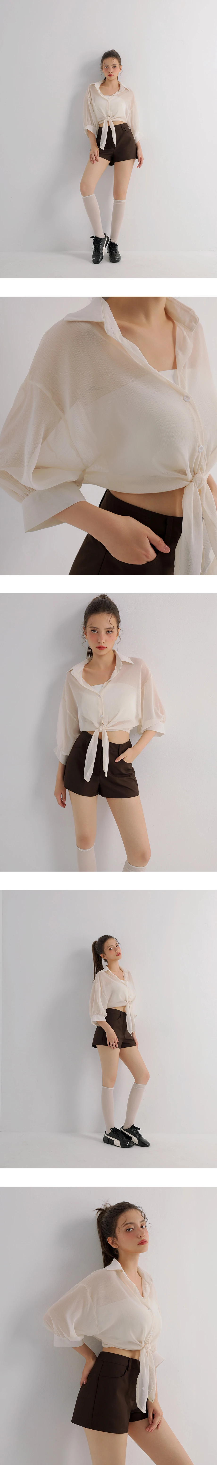 下擺綁結澎袖短版透膚襯衫