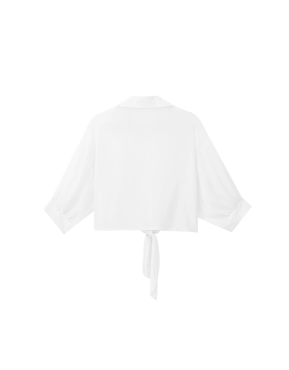 下擺綁結澎袖短版透膚襯衫