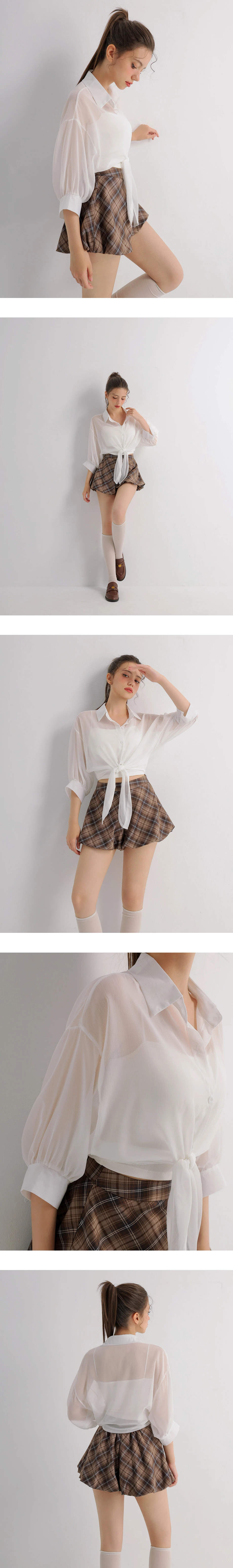 下擺綁結澎袖短版透膚襯衫