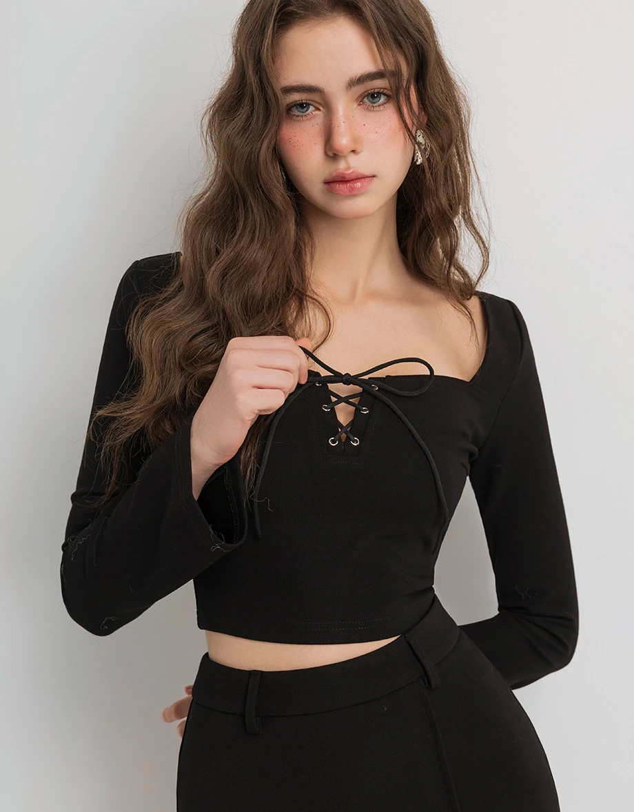 Square Neck Lace Up Cropped Top with Flared Sleeves
