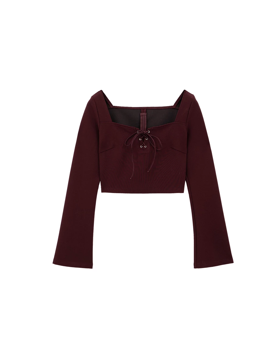 Square Neck Lace Up Cropped Top with Flared Sleeves
