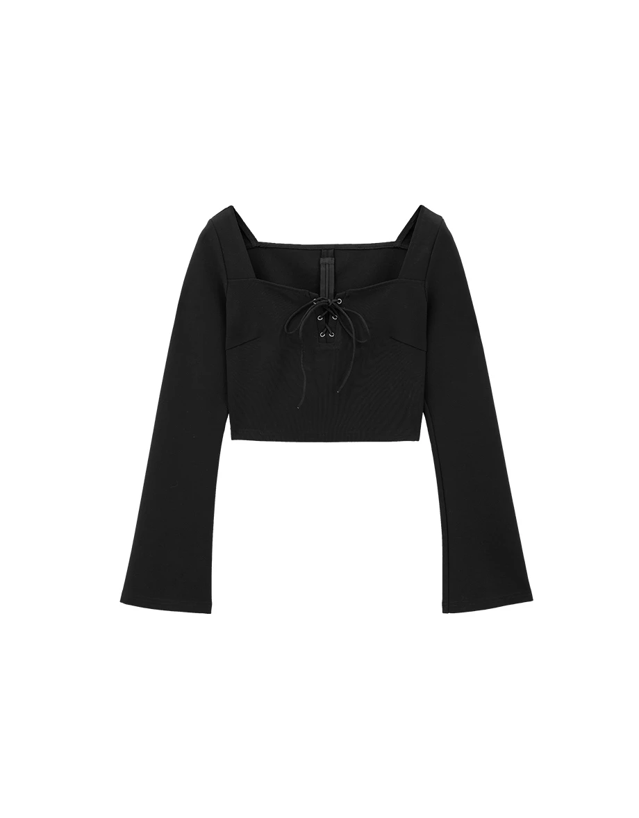 Square Neck Lace Up Cropped Top with Flared Sleeves
