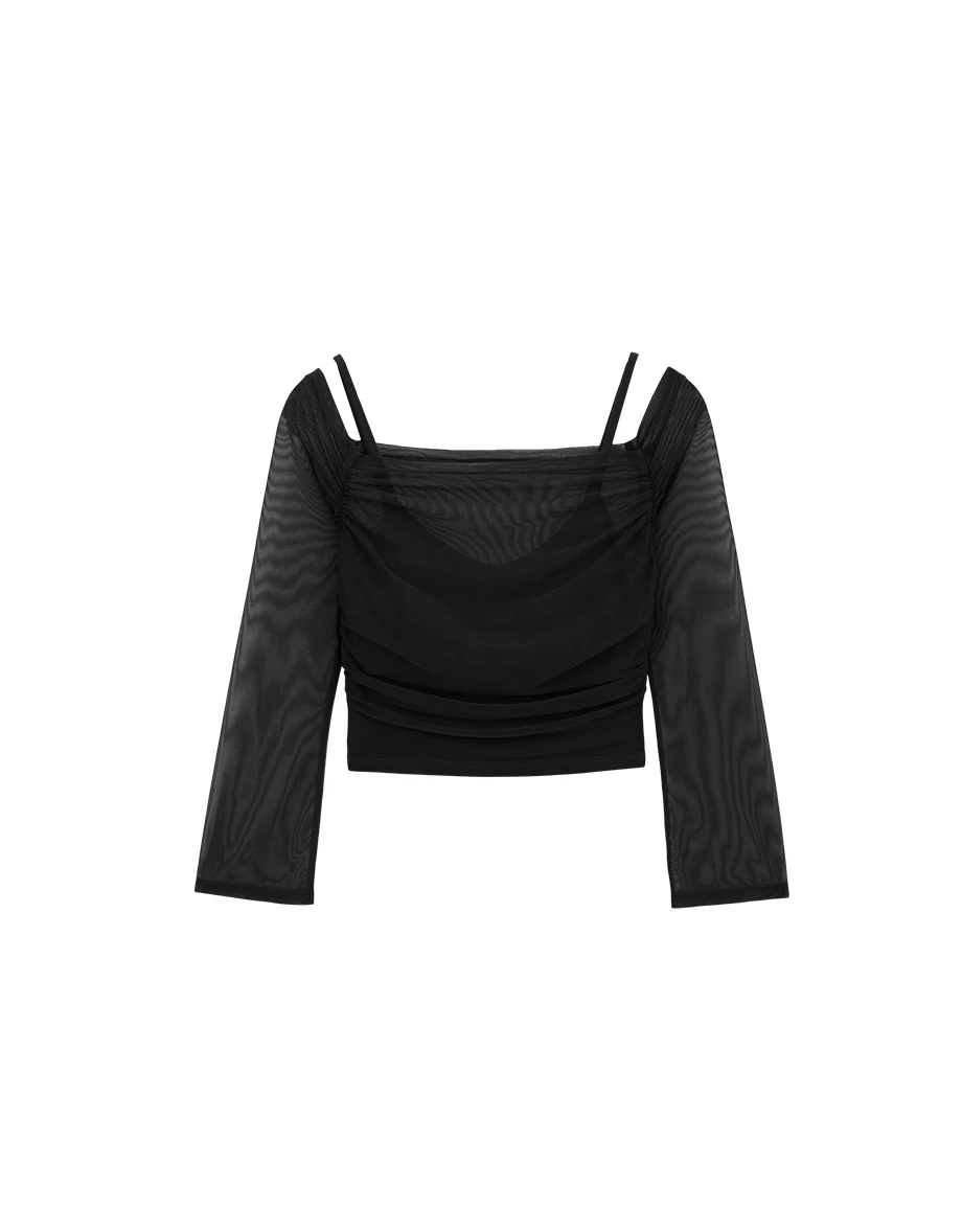 Spaghetti Strap Off Shoulder Sheer Mesh Faux 2 Piece Layered Padded Bra Top