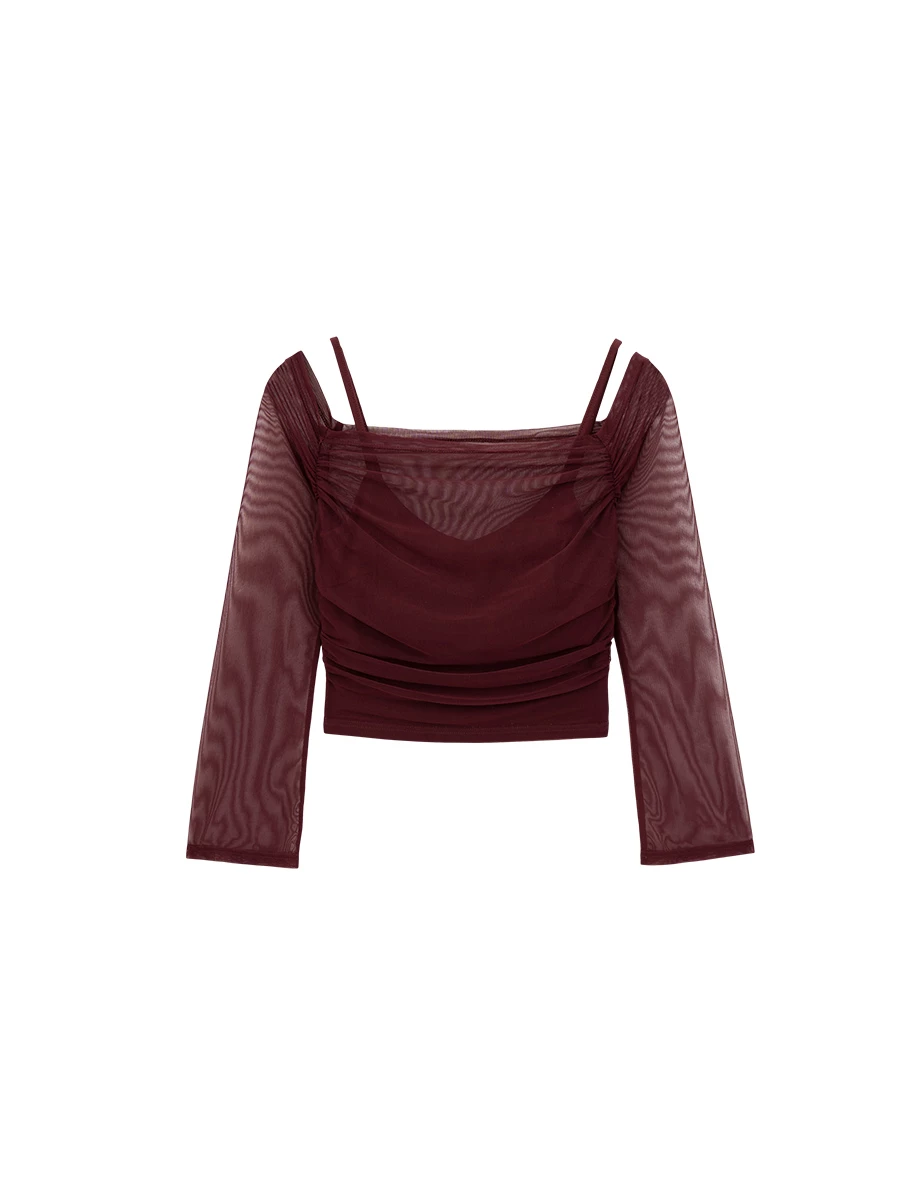 Spaghetti Strap Off Shoulder Sheer Mesh Faux 2 Piece Layered Padded Bra Top