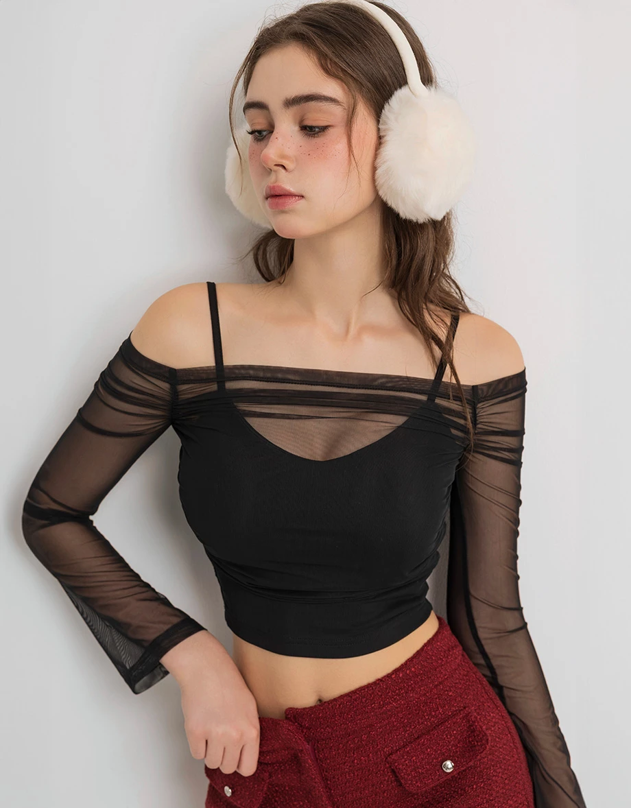 Spaghetti Strap Off Shoulder Sheer Mesh Faux 2 Piece Layered Padded Bra Top