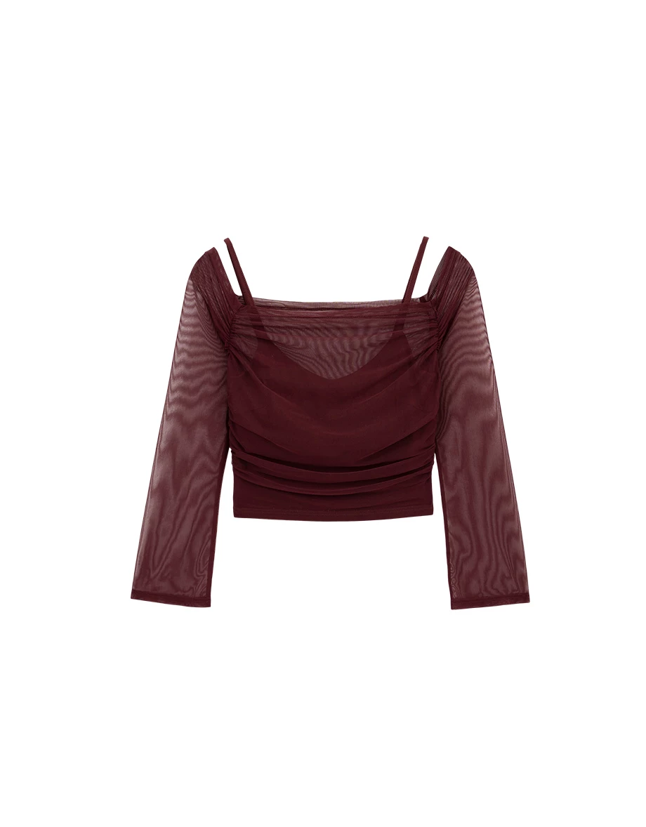 Spaghetti Strap Off Shoulder Sheer Mesh Faux 2 Piece Layered Padded Bra Top