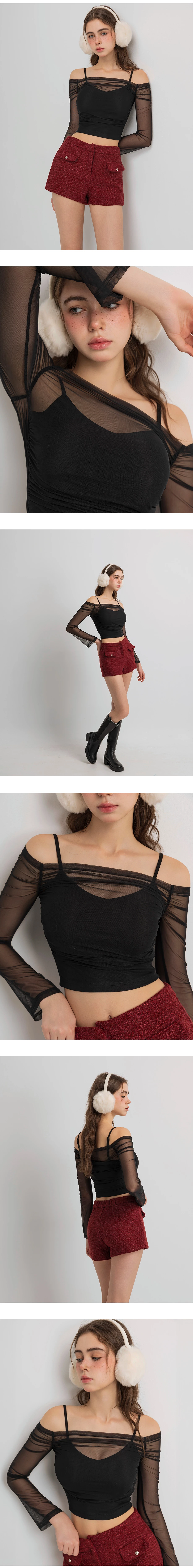 Spaghetti Strap Off Shoulder Sheer Mesh Faux 2 Piece Layered Padded Bra Top