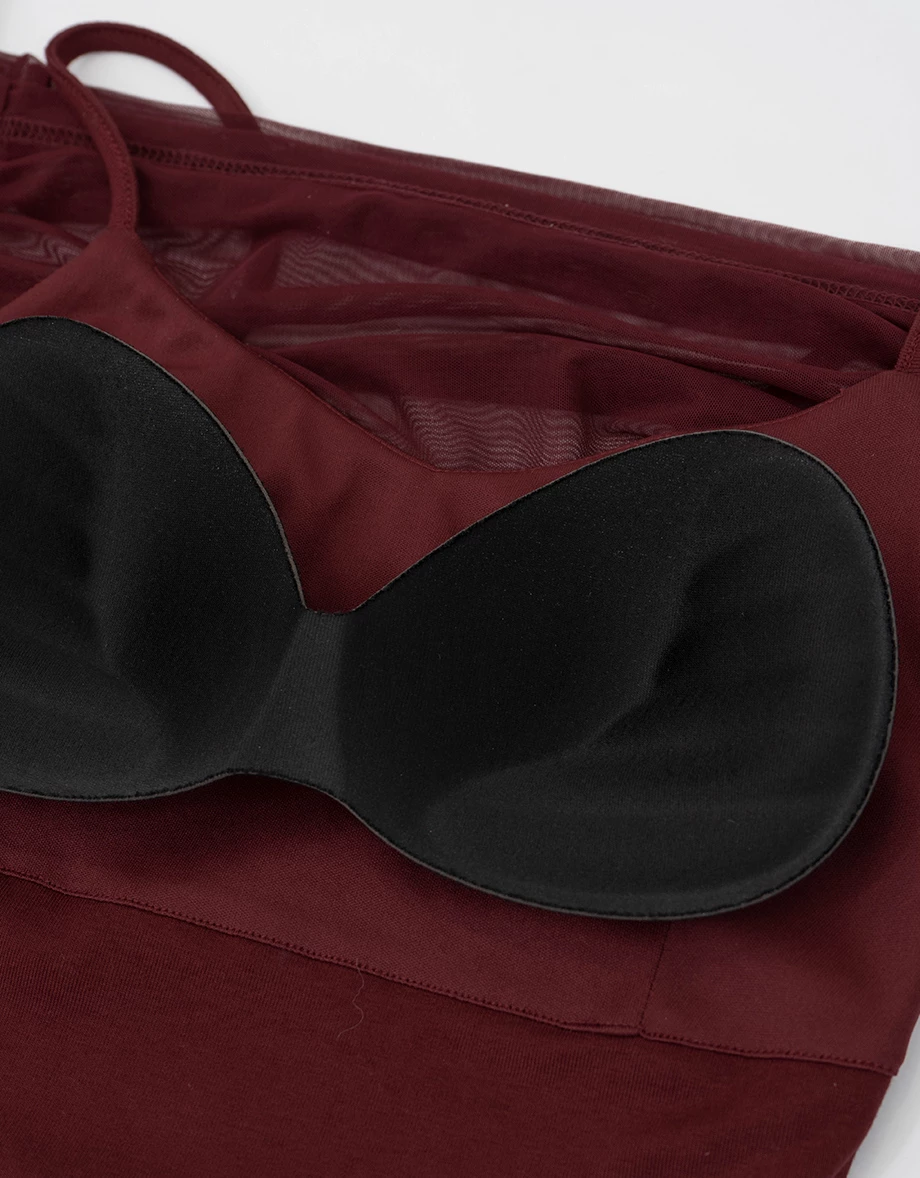 Spaghetti Strap Off Shoulder Sheer Mesh Faux 2 Piece Layered Padded Bra Top