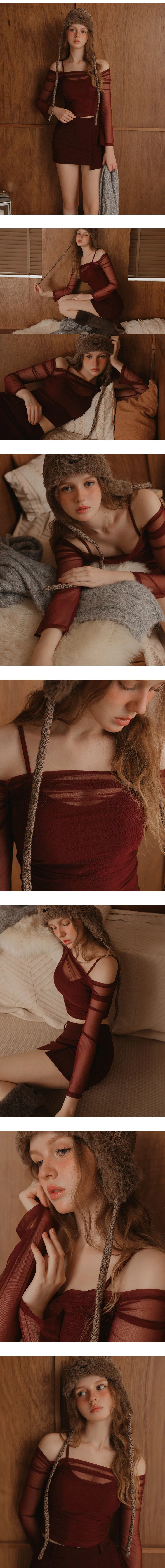 Spaghetti Strap Off Shoulder Sheer Mesh Faux 2 Piece Layered Padded Bra Top