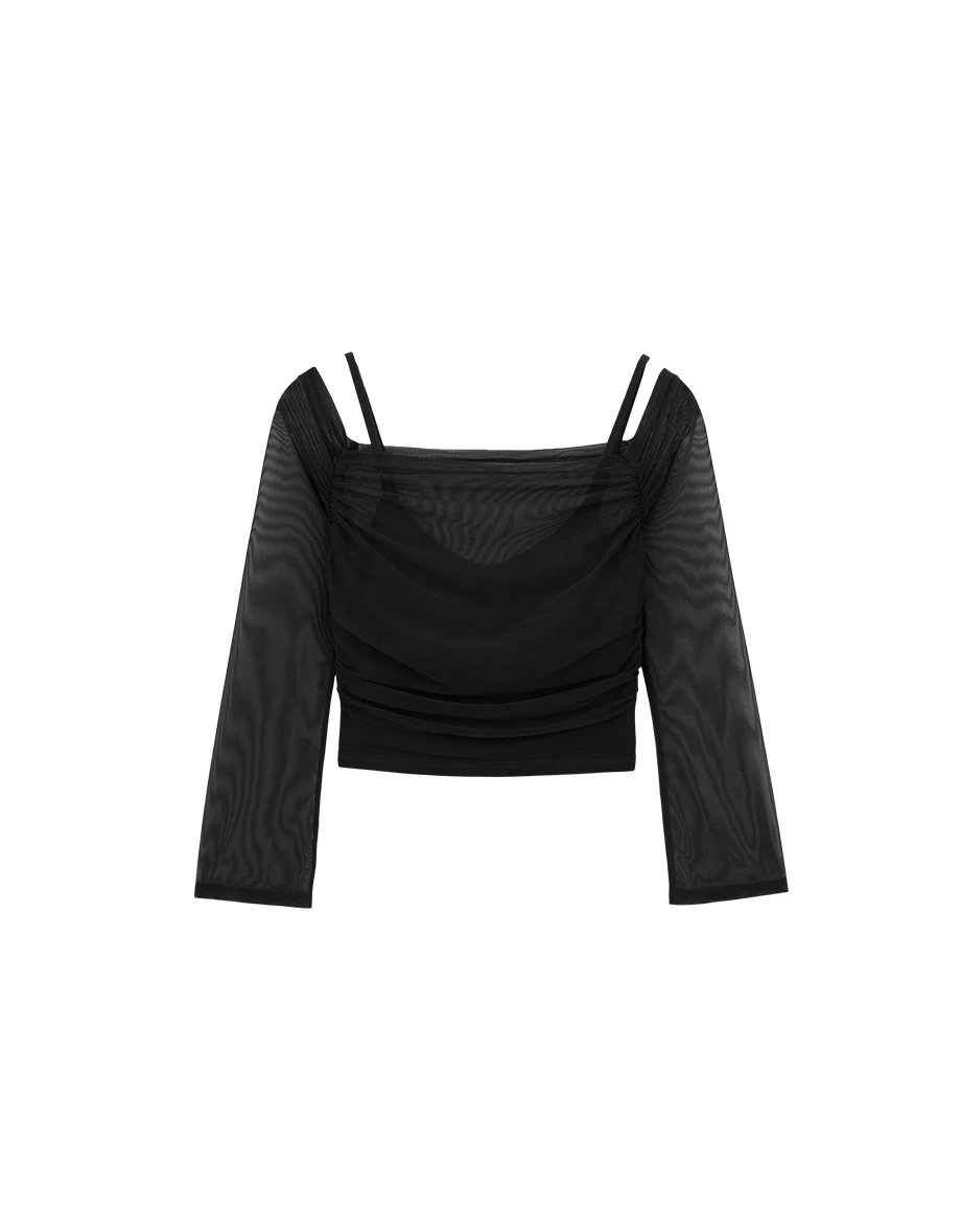 Spaghetti Strap Off Shoulder Sheer Mesh Faux 2 Piece Layered Padded Bra Top