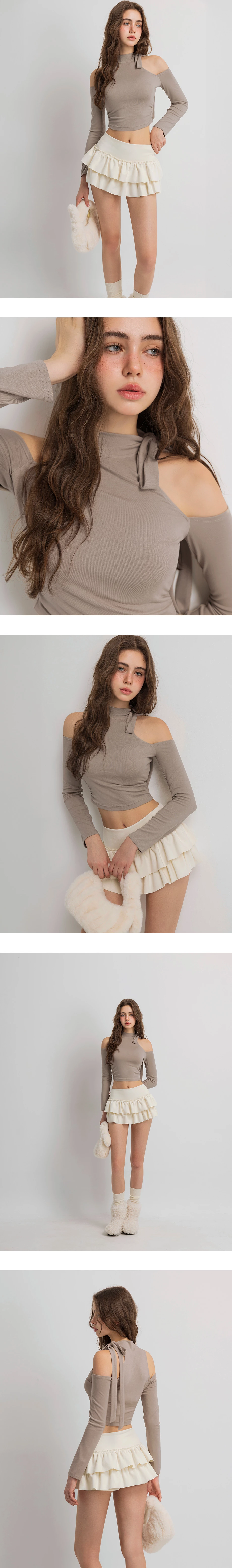 Long Sleeve Mock Neck Tie Detail Cut Out Shoulder Cropped Top