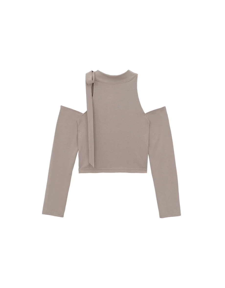 Long Sleeve Mock Neck Tie Detail Cut Out Shoulder Cropped Top