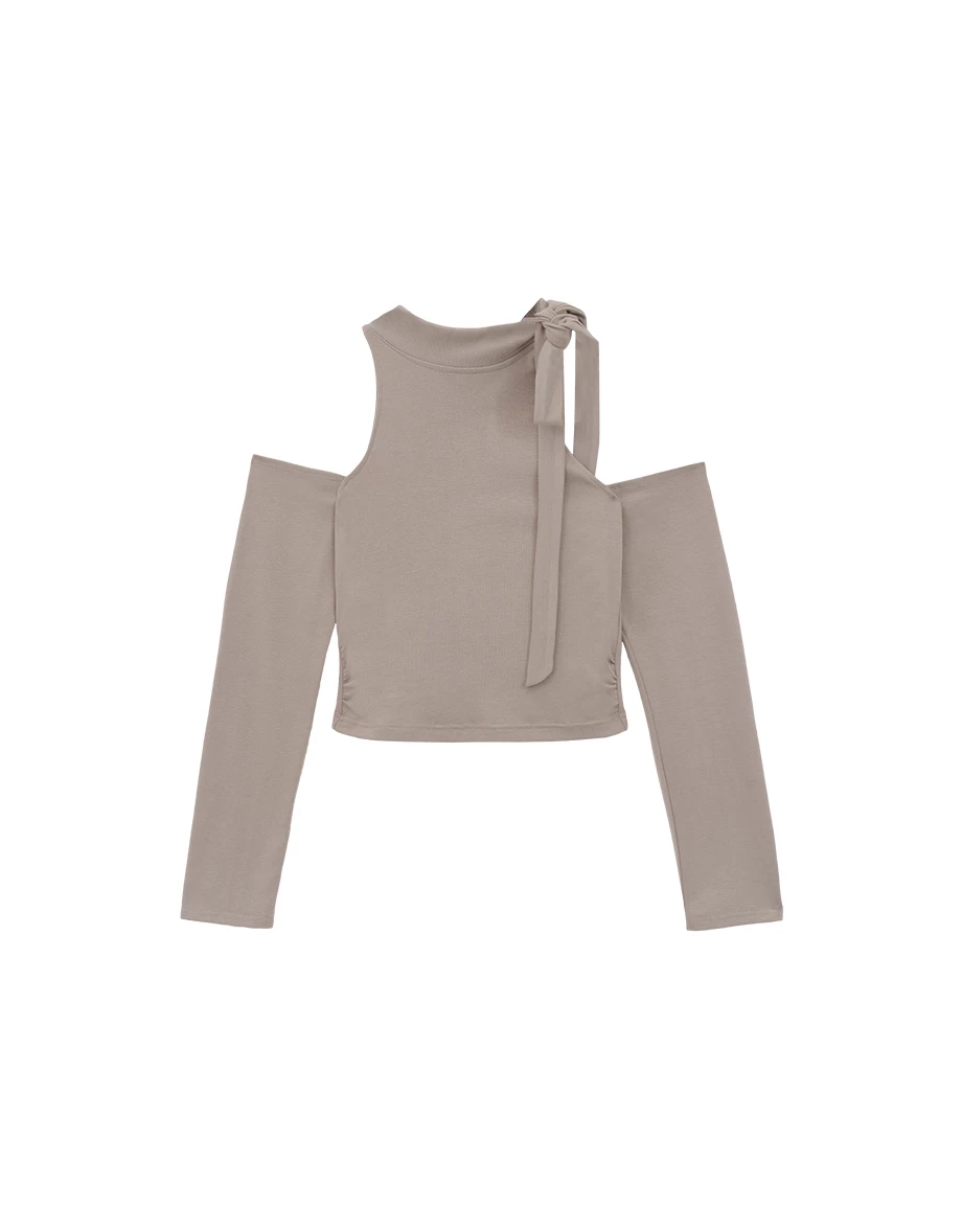 Long Sleeve Mock Neck Tie Detail Cut Out Shoulder Cropped Top