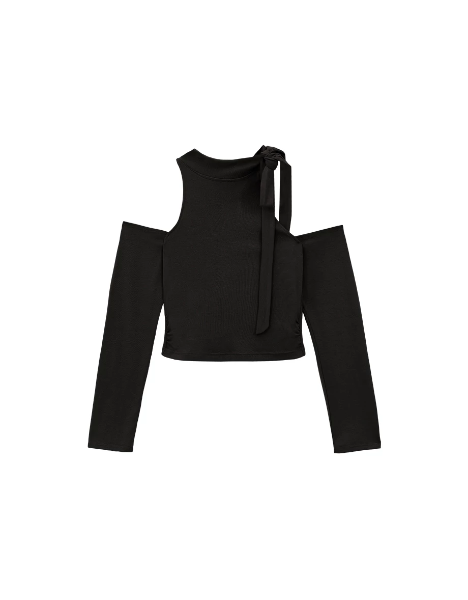 Long Sleeve Mock Neck Tie Detail Cut Out Shoulder Cropped Top