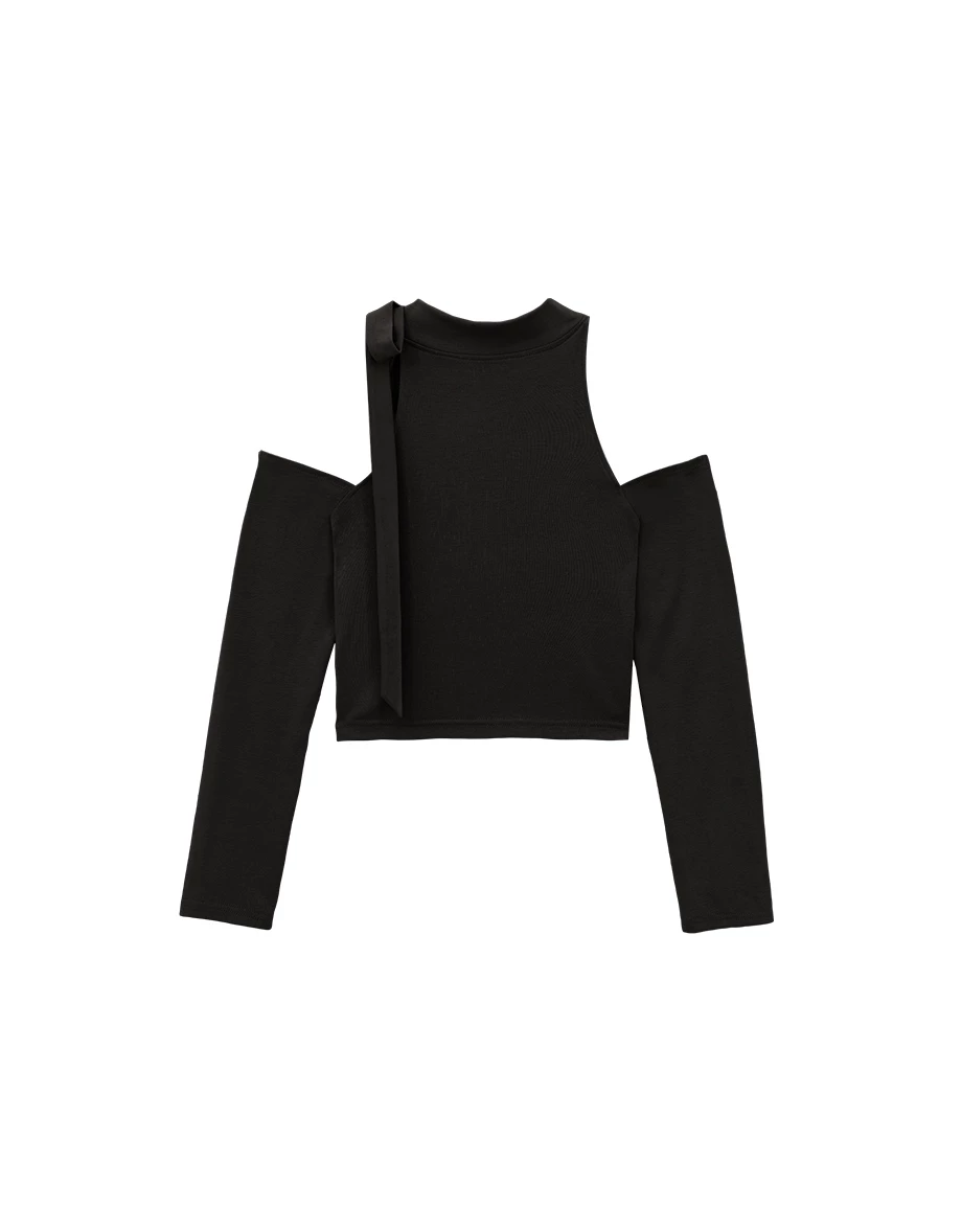 Long Sleeve Mock Neck Tie Detail Cut Out Shoulder Cropped Top