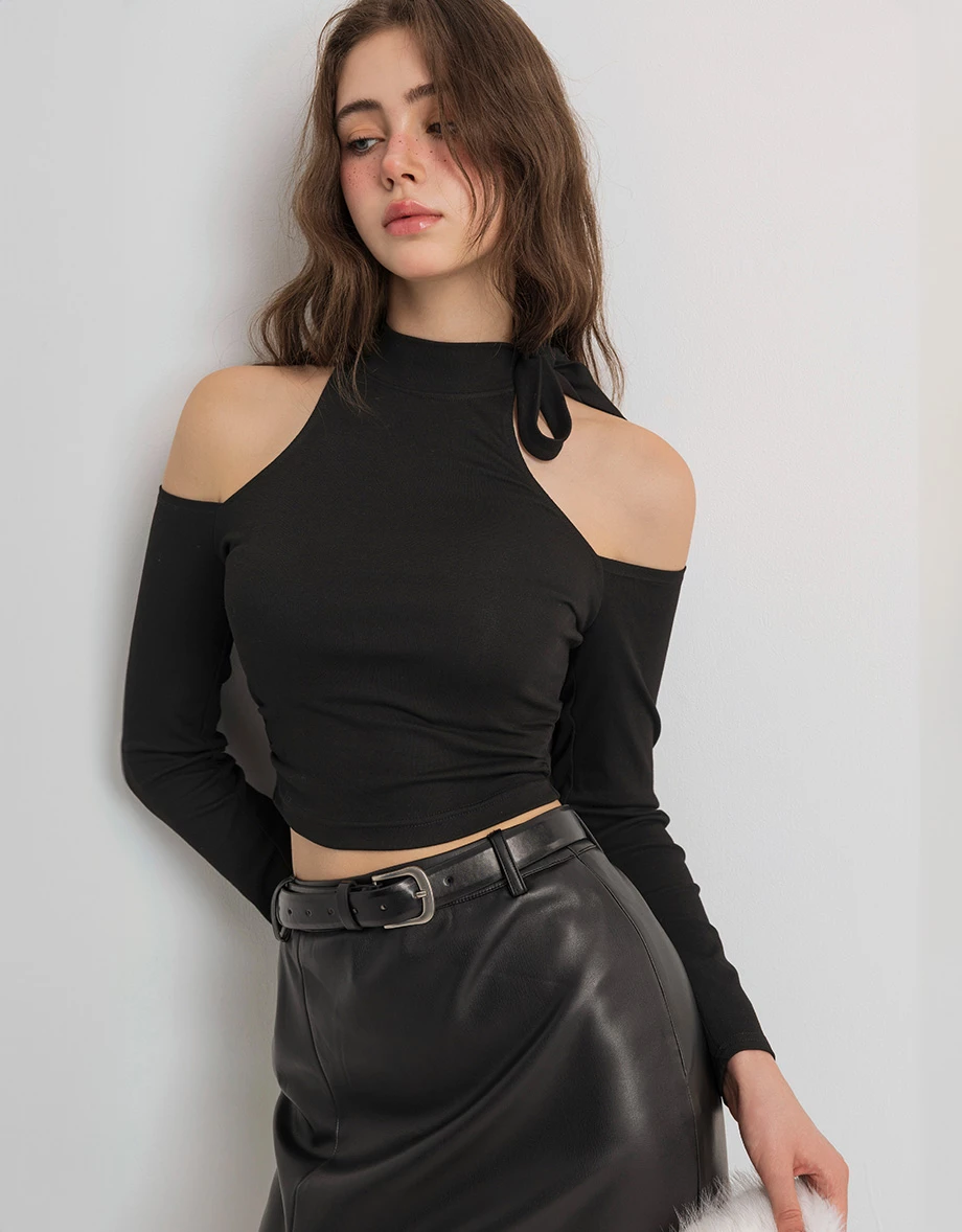 Long Sleeve Mock Neck Tie Detail Cut Out Shoulder Cropped Top