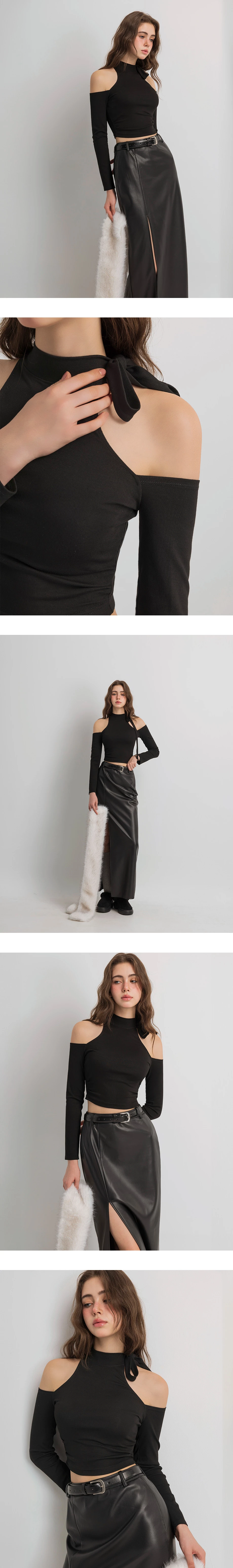 Long Sleeve Mock Neck Tie Detail Cut Out Shoulder Cropped Top