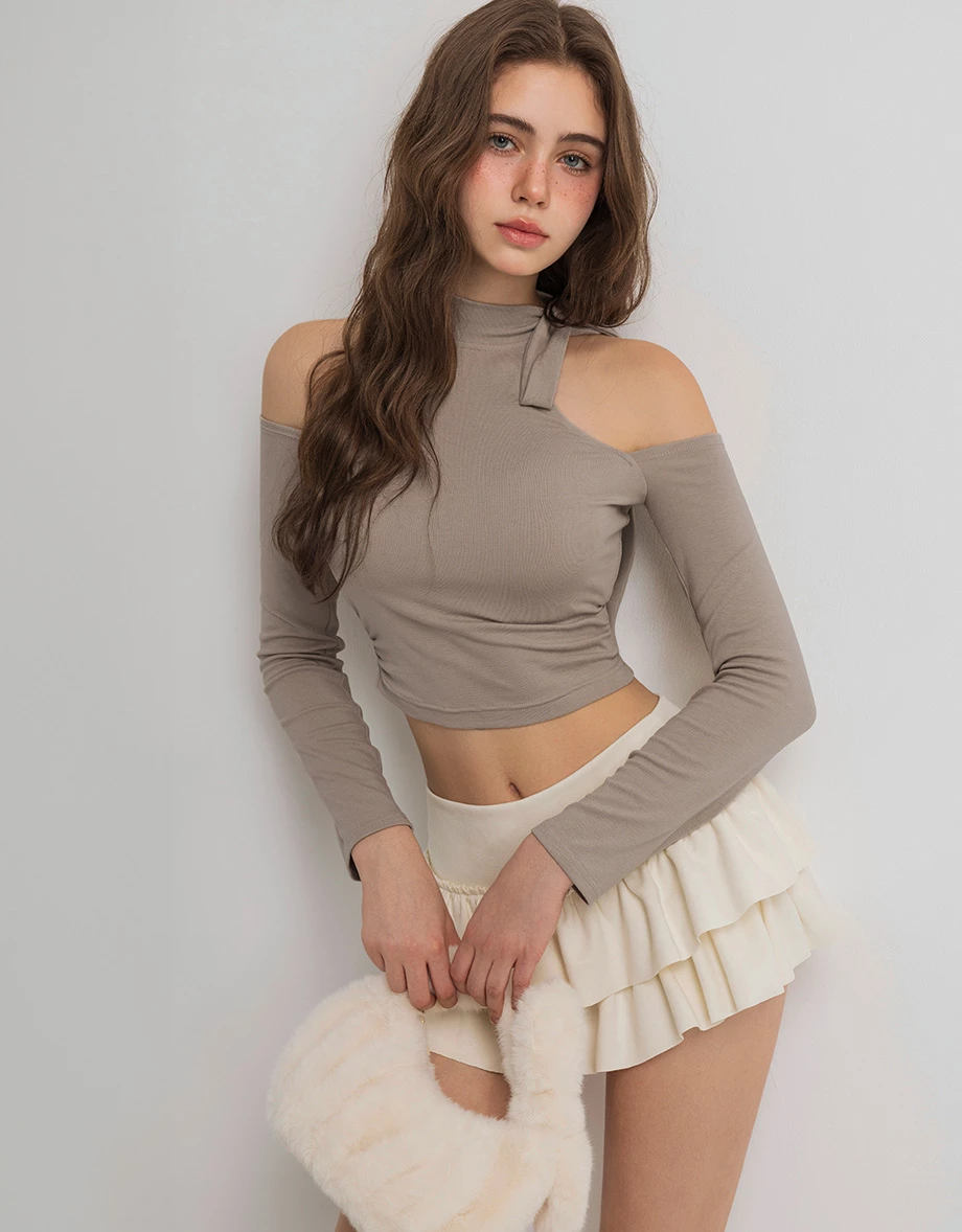 Long Sleeve Mock Neck Tie Detail Cut Out Shoulder Cropped Top