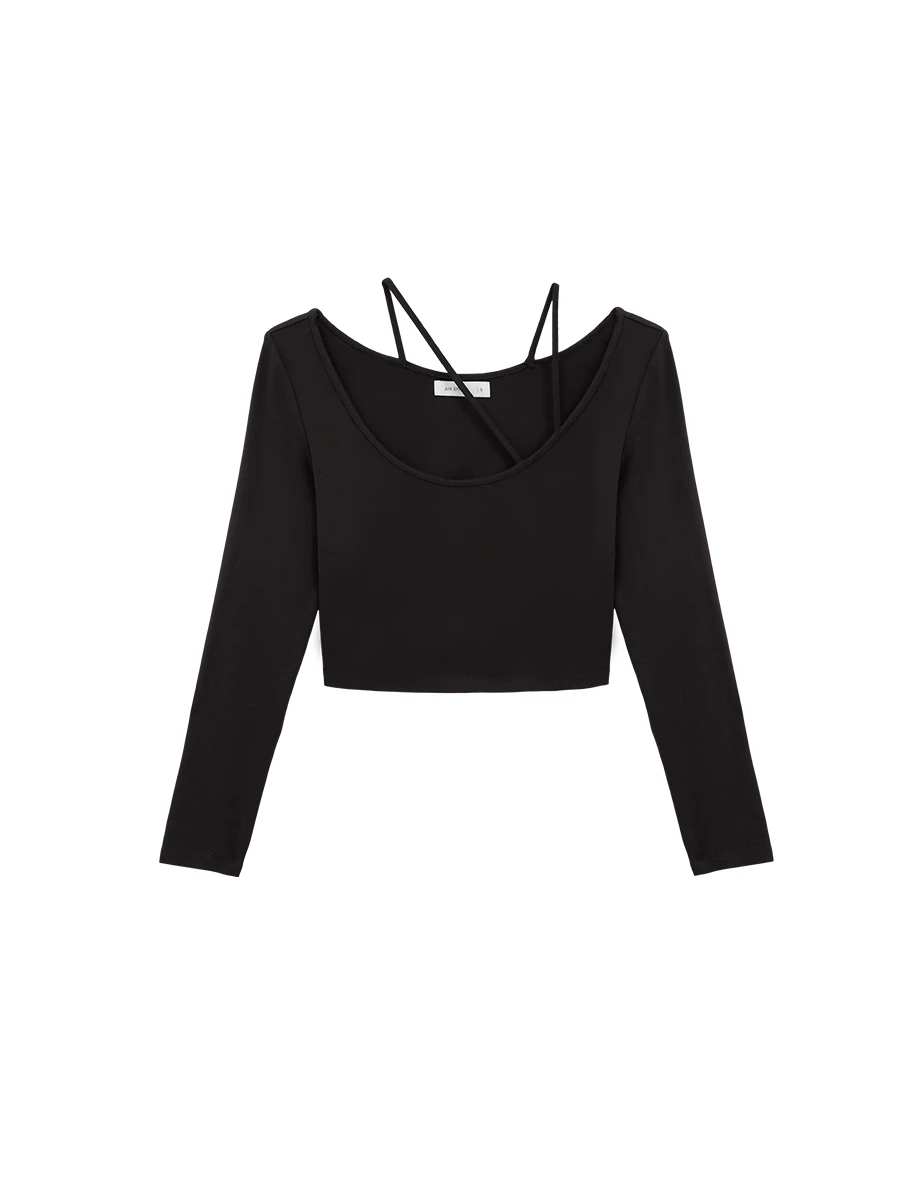 Wide Scoop Neck Asymmetric Shoulder Strap Cropped Top