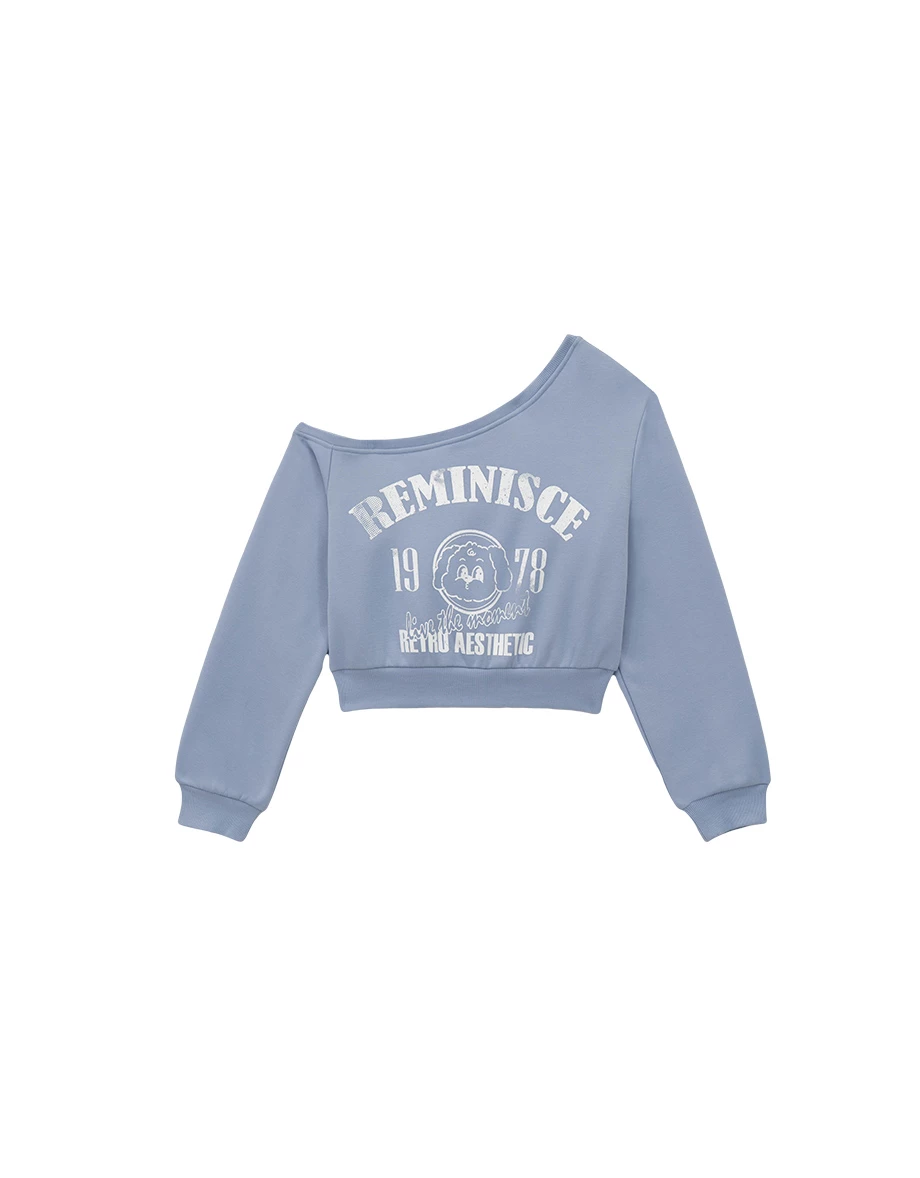 【Lyra & Toby】Asymmetrical One Shoulder Cropped Graphic Sweatshirt