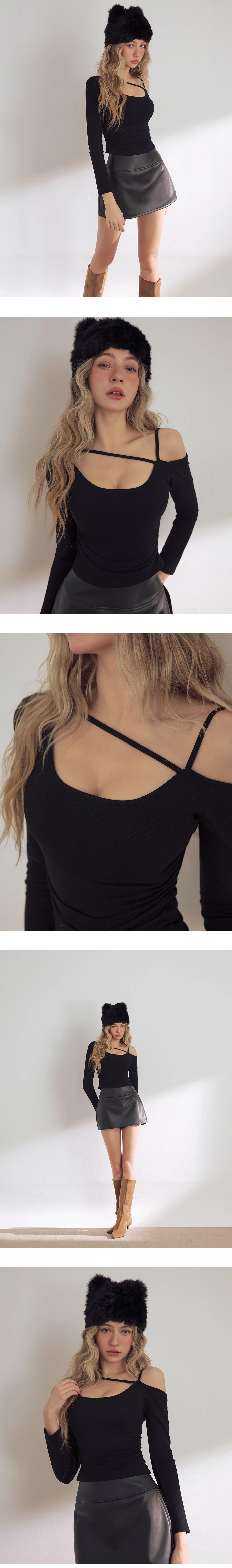 One Shoulder Asymmetric Strap Cut Out Long Sleeve Crop Top