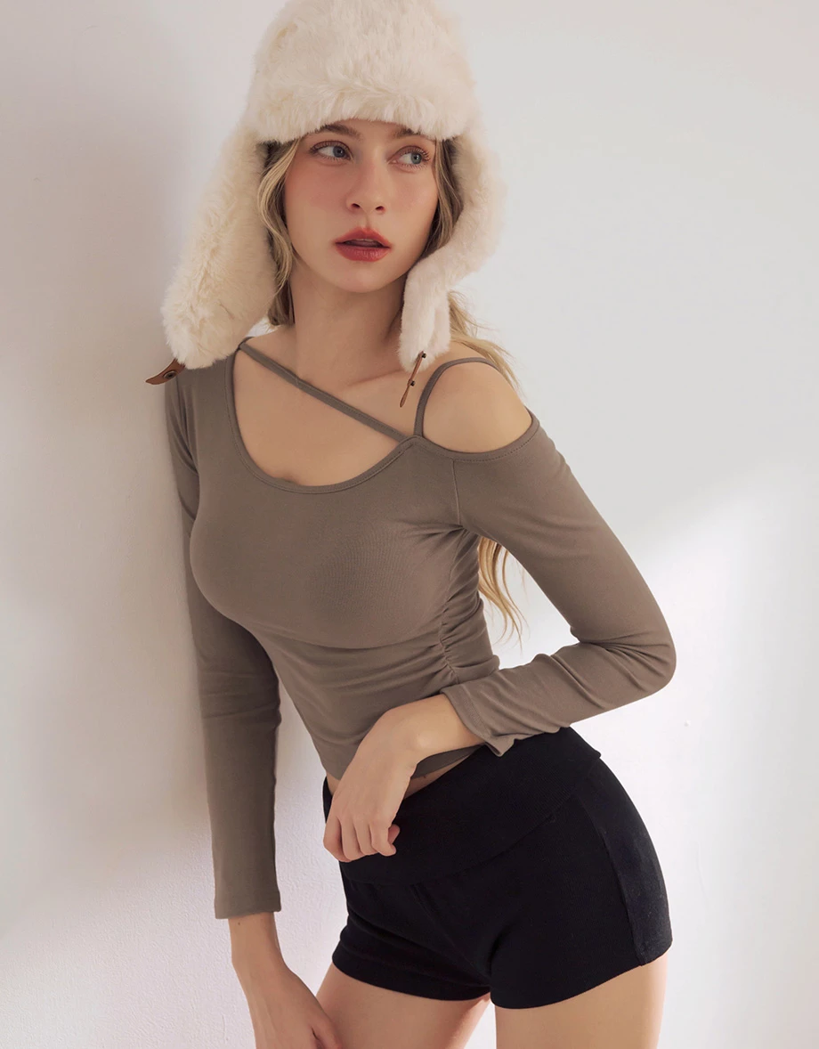 One Shoulder Asymmetric Strap Cut Out Long Sleeve Crop Top