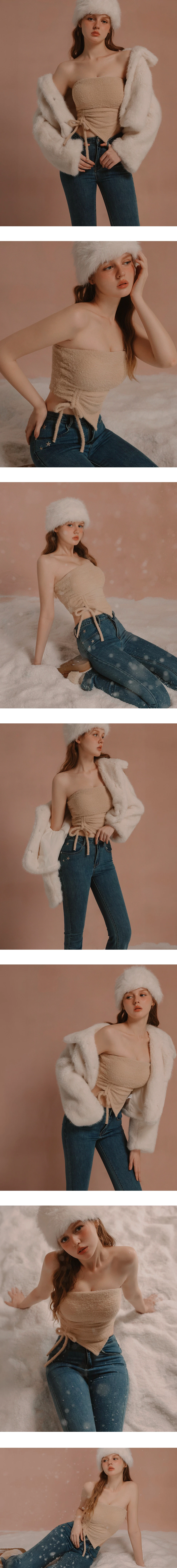 Asymmetric Hem Strapless Fuzzy Knit Padded Tube Top