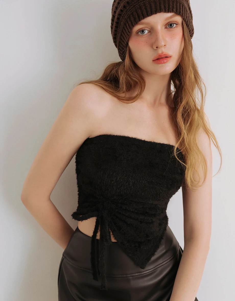 Asymmetric Hem Strapless Fuzzy Knit Padded Tube Top Asymmetric Hem Strapless Fuzzy Knit Padded Tube Top