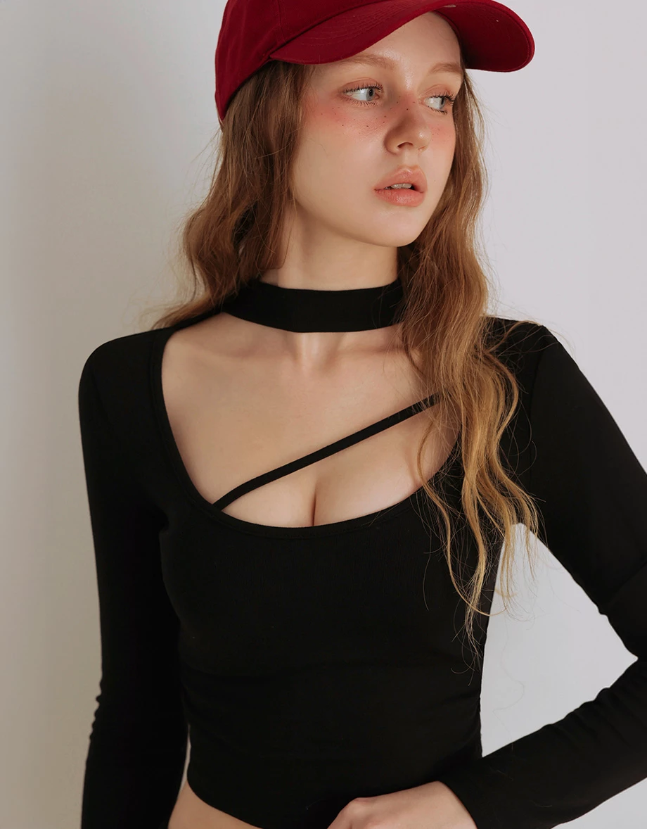 Asymmetric Cut Out Choker Neck Cropped Top Asymmetric Cut Out Choker Neck Cropped Top