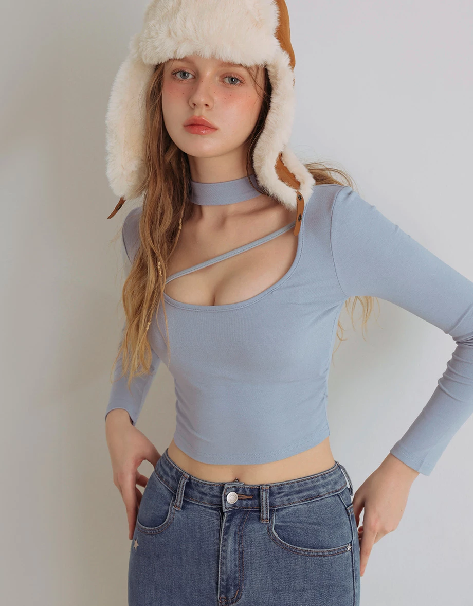 Asymmetric Cut Out Choker Neck Cropped Top