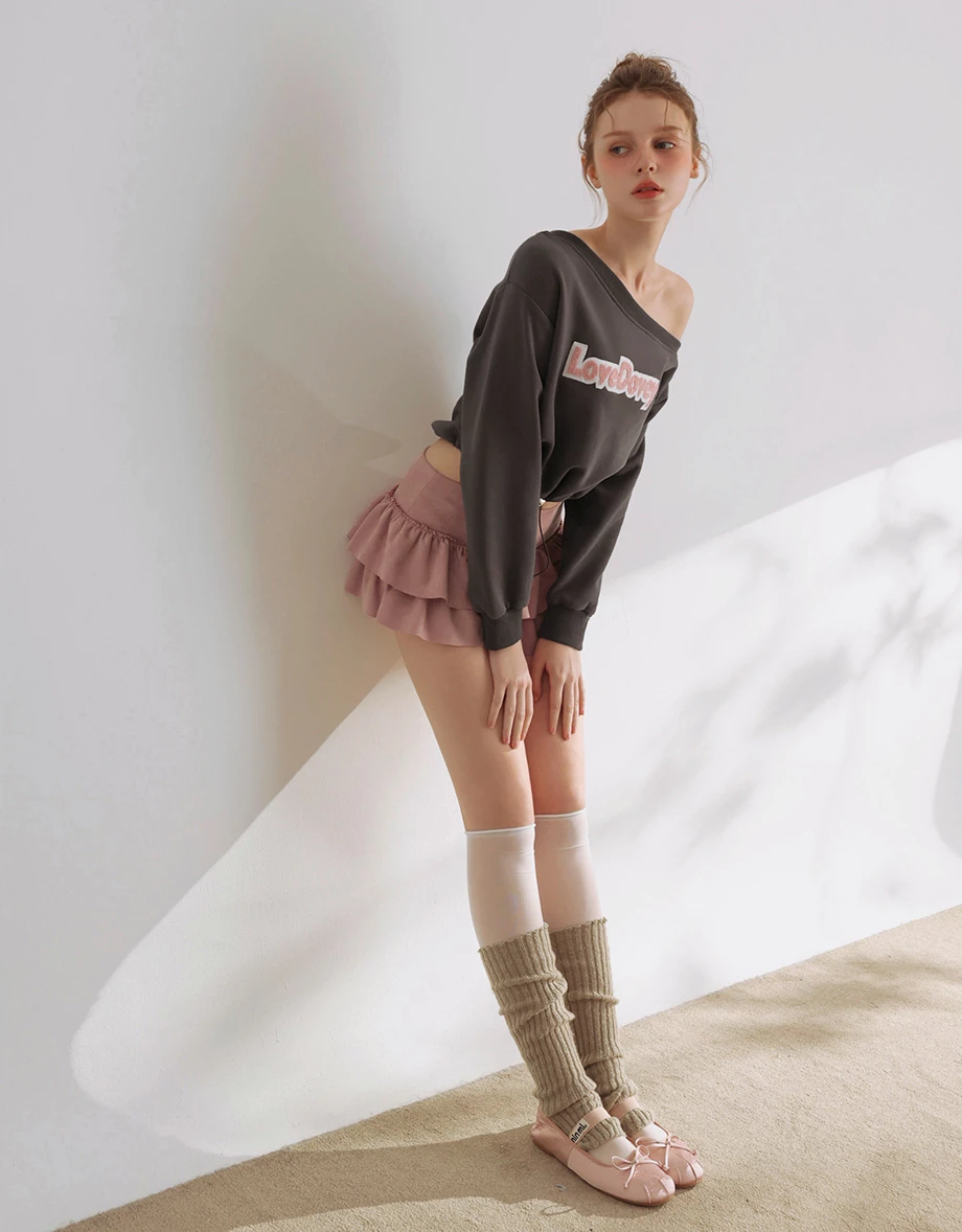 Heart Button Drawstring Hem Asymmetric Neck Sweatshirt Top