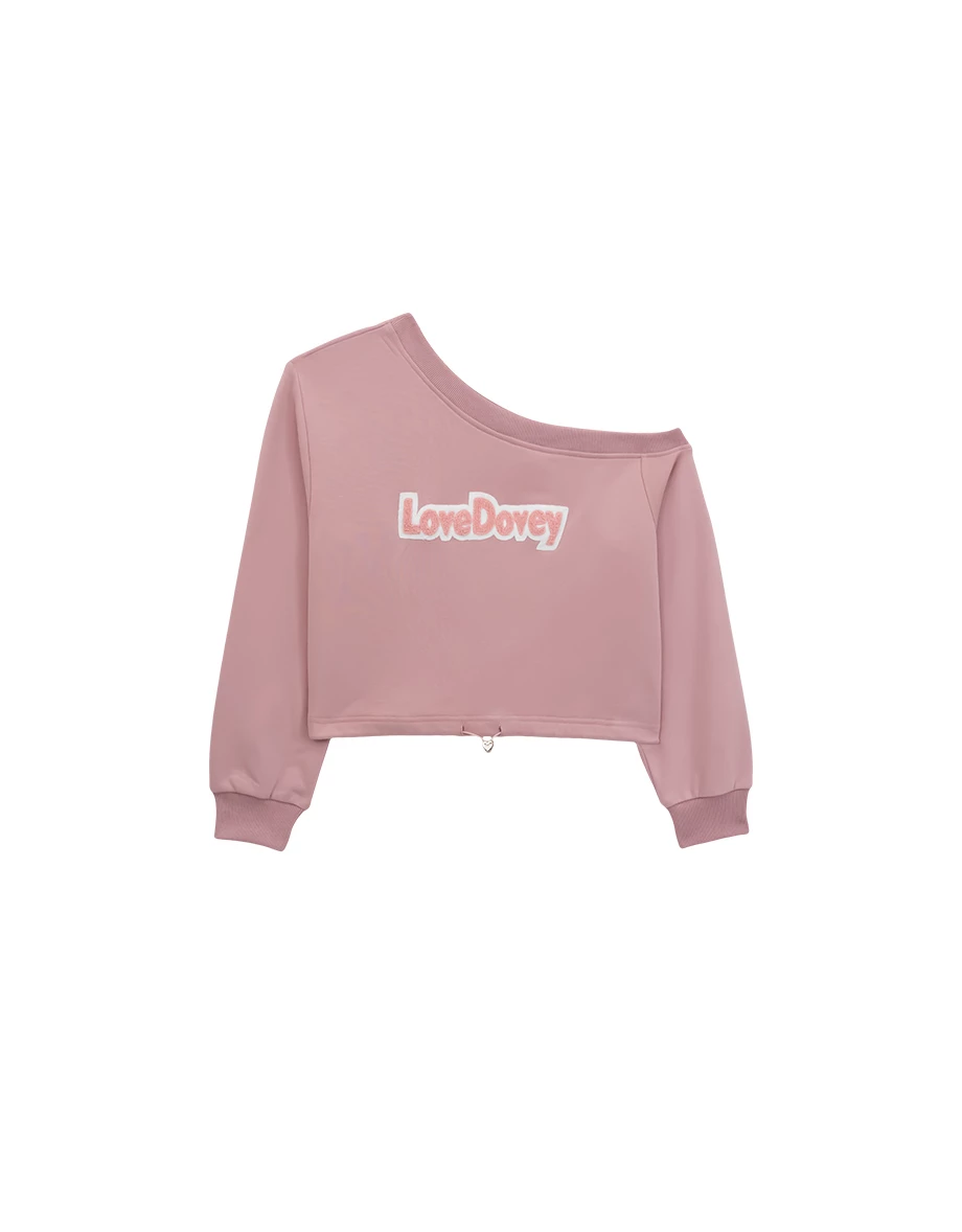 Heart Button Drawstring Hem Asymmetric Neck Sweatshirt Top