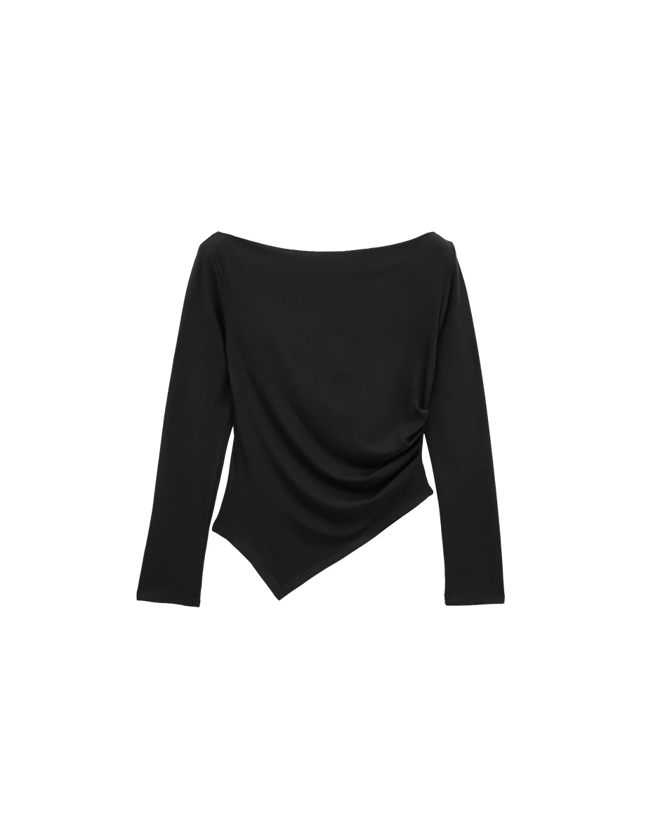Ruched Side Draped Asymmetric Hem Long Sleeve Top